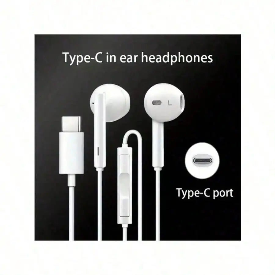 Type-C Wired In-Ear Earphones With Mic And Volume Control HiFi Stereo For IPhone 16/15,23/S22/S21/Ultra Note 10/20,IPad Pro