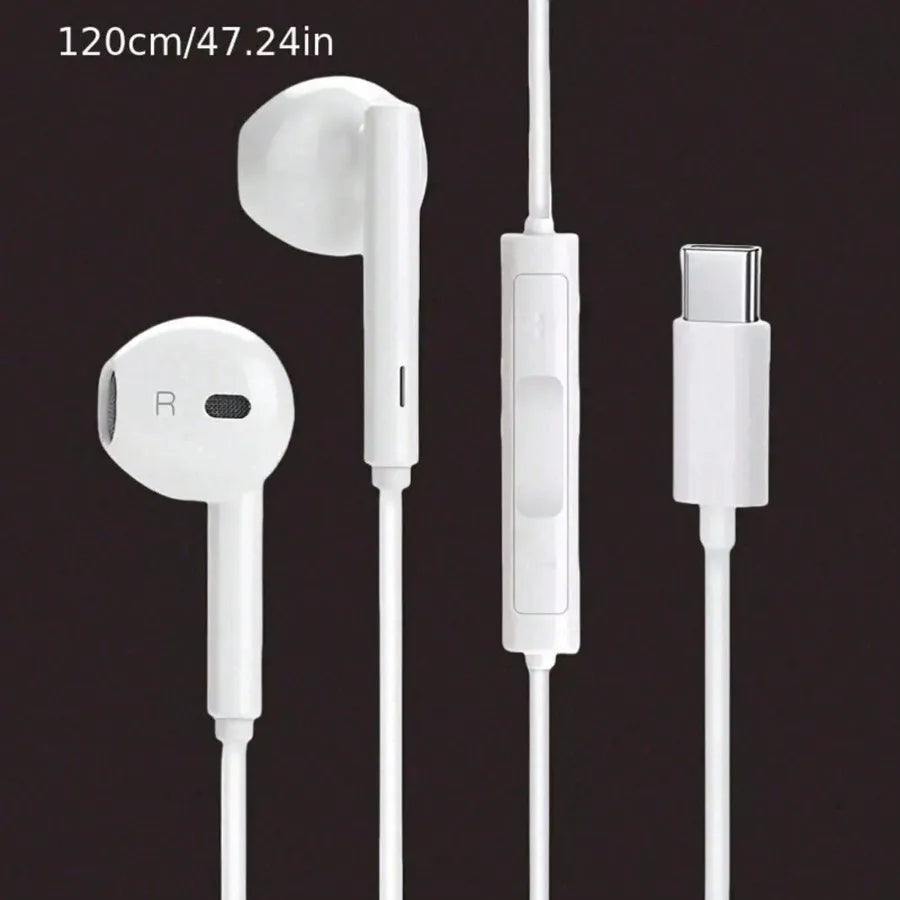 Type-C Wired In-Ear Earphones With Mic And Volume Control HiFi Stereo For IPhone 16/15,23/S22/S21/Ultra Note 10/20,IPad Pro