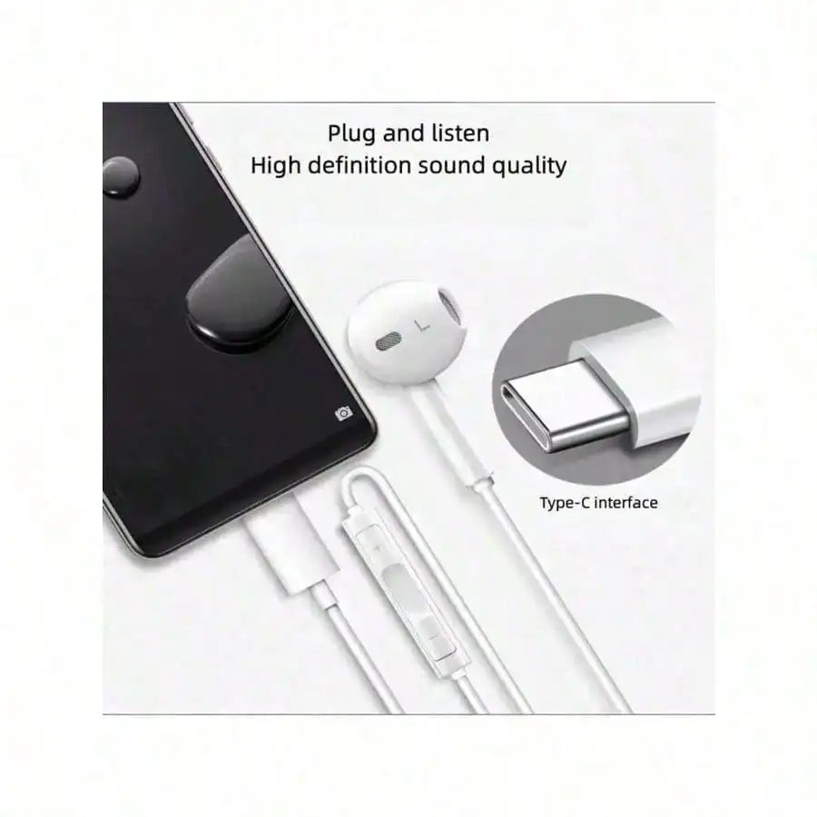 Type-C Wired In-Ear Earphones With Mic And Volume Control HiFi Stereo For IPhone 16/15,23/S22/S21/Ultra Note 10/20,IPad Pro