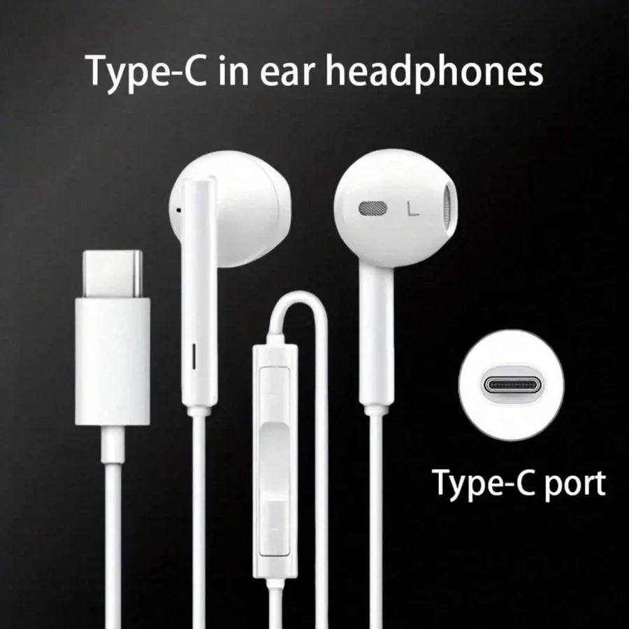 Type-C Wired In-Ear Earphones With Mic And Volume Control HiFi Stereo For IPhone 16/15,23/S22/S21/Ultra Note 10/20,IPad Pro