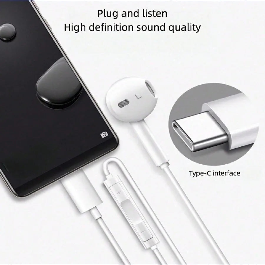 Type-C Wired In-Ear Earphones With Mic And Volume Control HiFi Stereo For IPhone 16/15,23/S22/S21/Ultra Note 10/20,IPad Pro