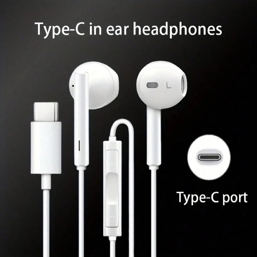 Type-C Wired In-Ear Earphones With Mic And Volume Control HiFi Stereo For IPhone 16/15,23/S22/S21/Ultra Note 10/20,IPad Pro